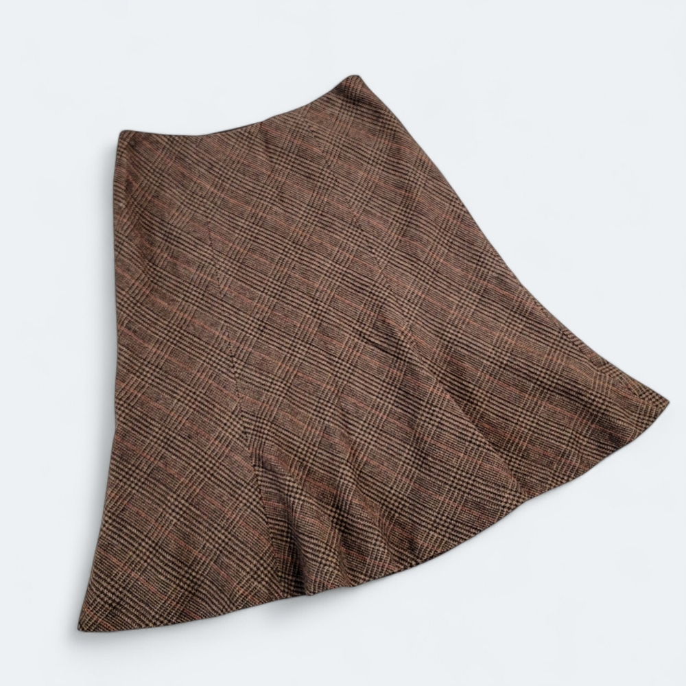 Chaps Brown plaid Tweed Wool Blend Midi Fall Winter Skirt Fare Size 10